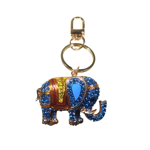 Blue Elephant Rhinestone Trunk Up Good Luck Gold Tone Sparkle Bling Keychain - Picture 2 of 5